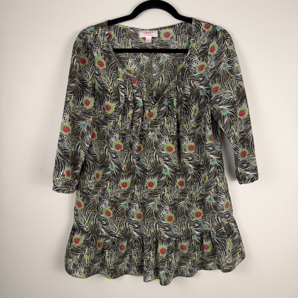 Liberty of London For Target Blouse Women's S Green Peacock Feather‎ Ruffle Hem